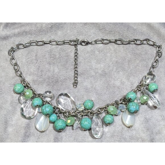 Vintage Clear And Faux Turquoise Beaded Cluster Charm Necklace - Picture 5 of 5